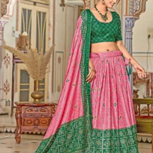 Pink Dola Silk Lehenga Choli with Green Blouse & Minakari Foil Print | Wedding & Festive Wear