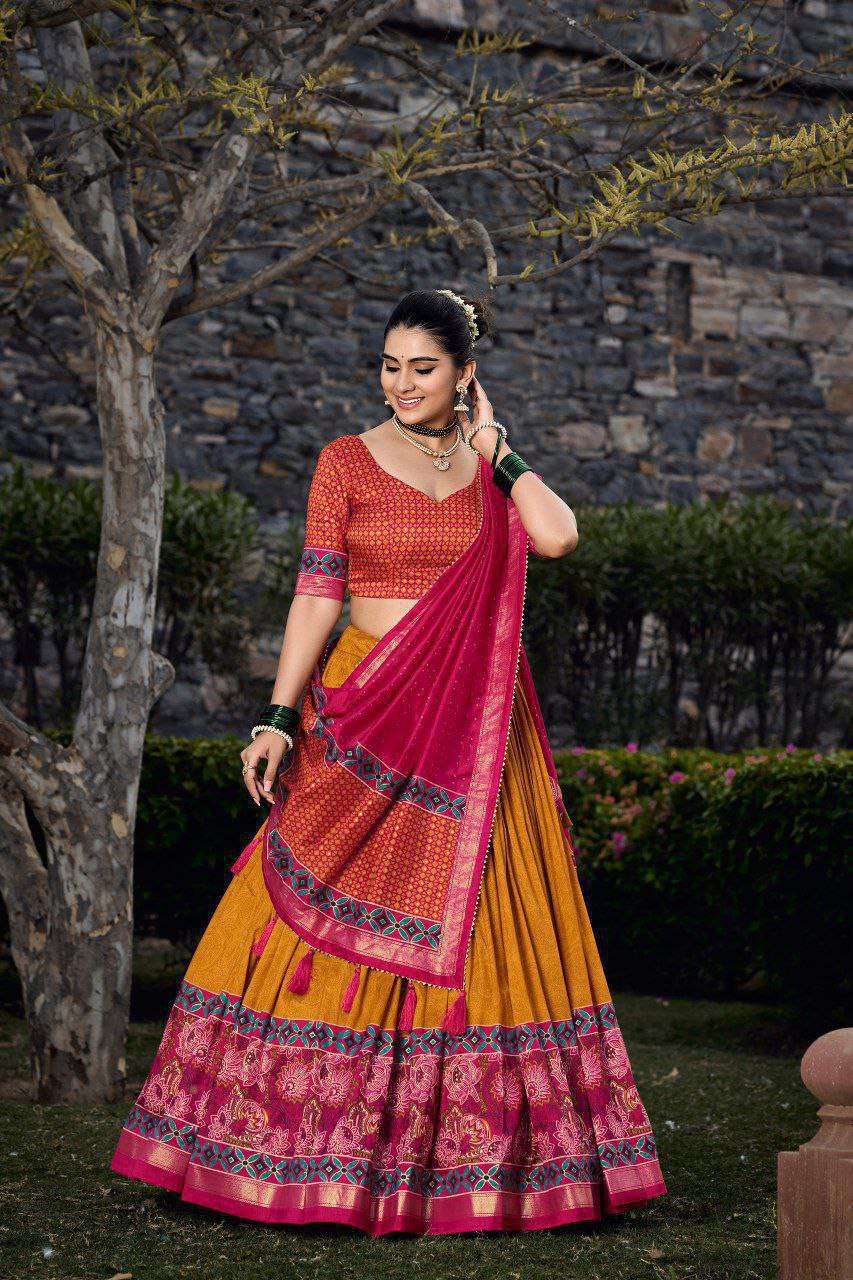 Red Tussar Silk Lehenga Choli with Yellow Blouse | Floral & Foil Print | Wedding & Festive Wear - Image 2