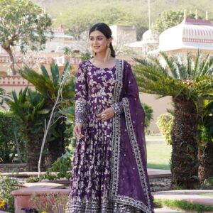 Wine Viscose Dyable Jacquard Gown with Russian Silk Sequined Dupatta ? Elegant Party & Wedding Set