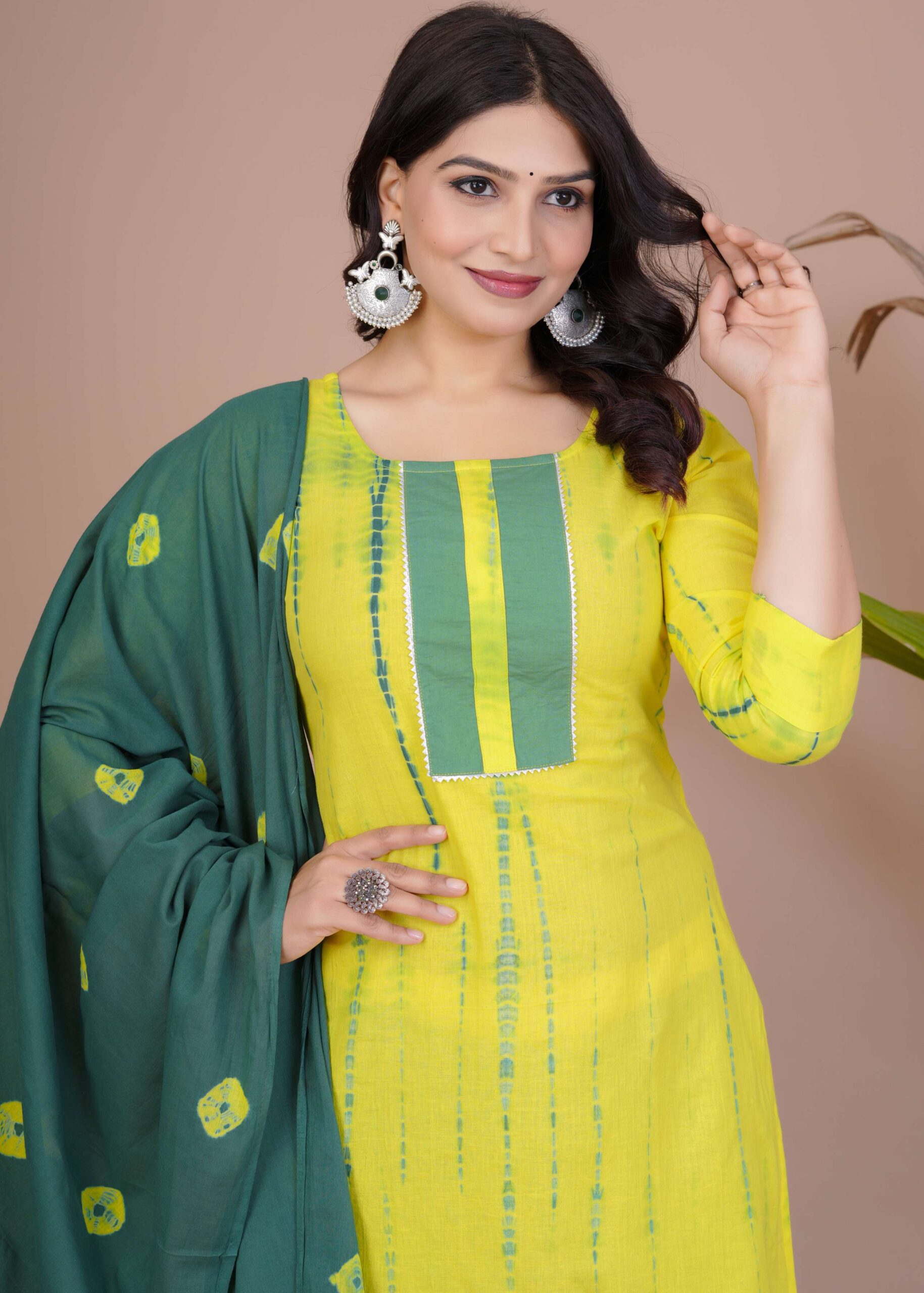 Women's Yellow & Green Cotton Tie-Dye Straight Kurti with Pant & Dupatta Set - Image 3