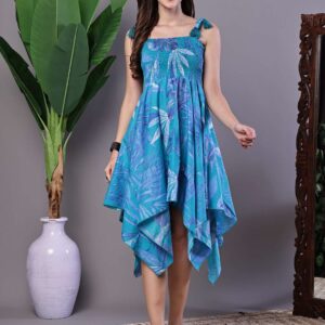Women's Blue Printed Asymmetrical Hem Smocked A-Line Dress Midi Dresses