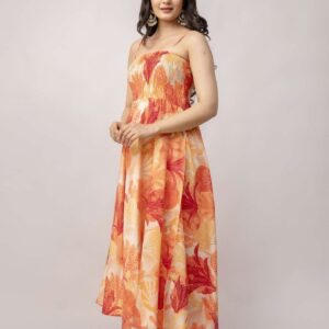 Women's Silk Printed Shoulder Straps Sleeveless Anarkali Gown Drees (Orange Leaf)