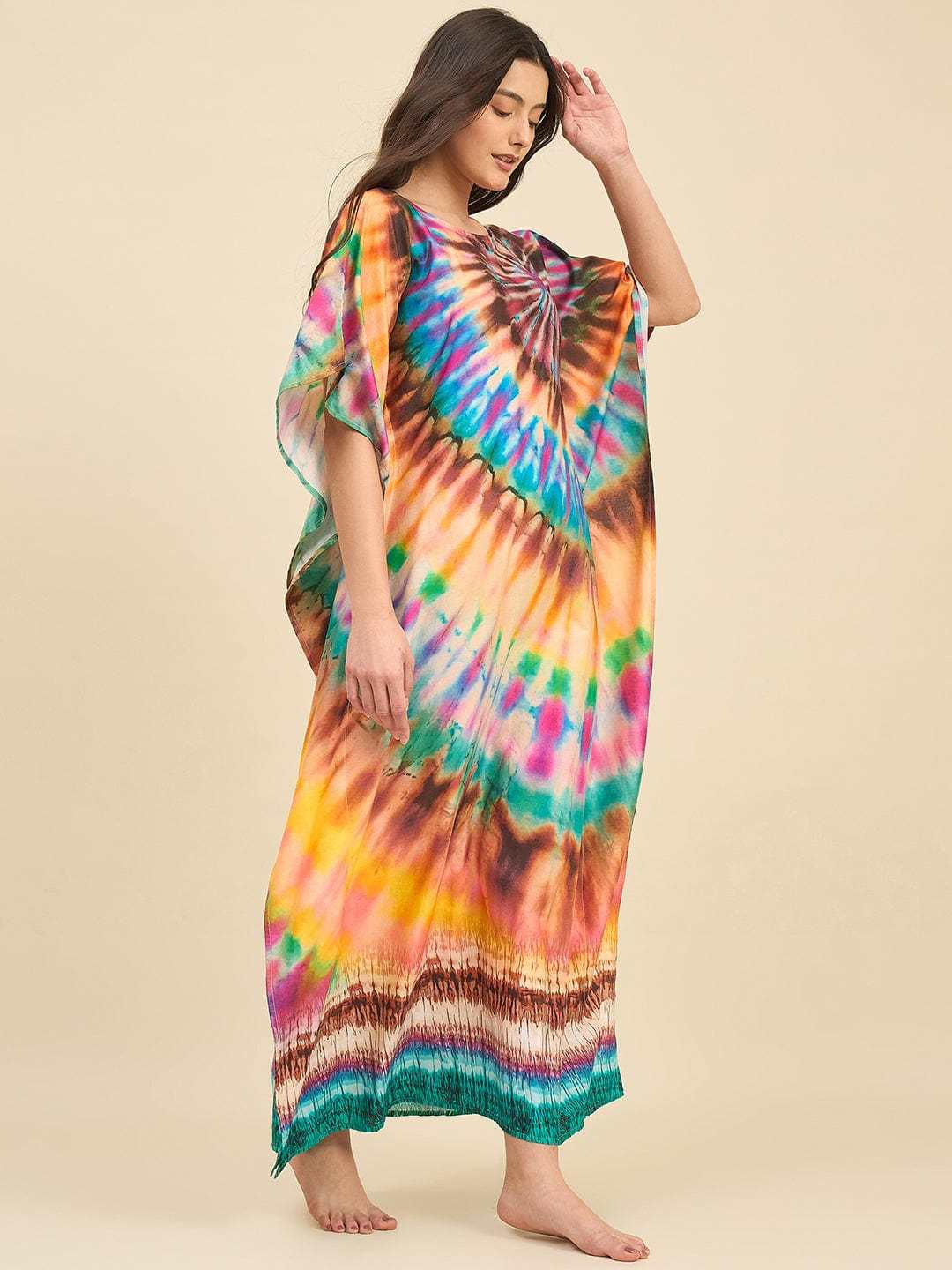 Women's Cotton Tie Dye Print Flowing Bell Sleeves Full Length Kaftan Drees Casual Beach Wear ( Turquoise Yellow ) - Image 4