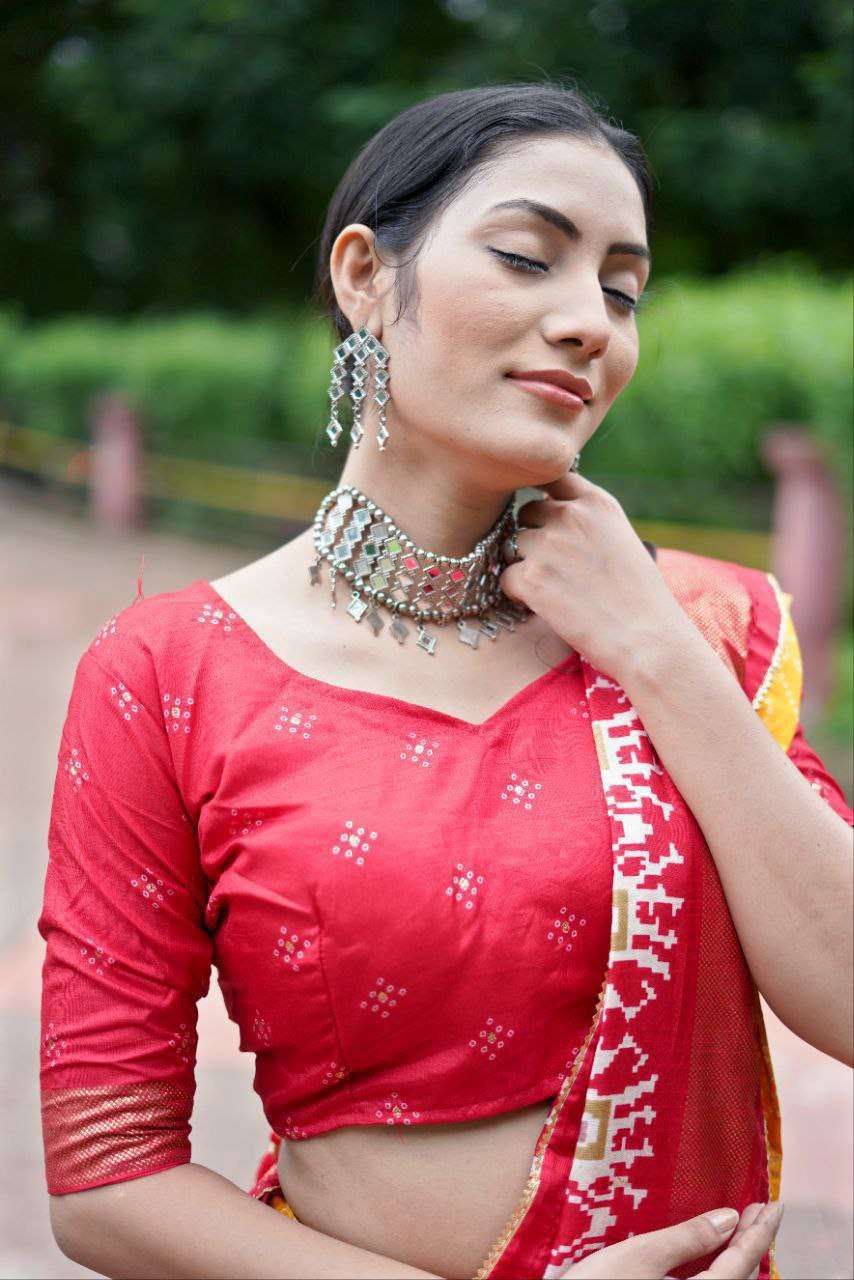 Yellow Dola Silk Lehenga Choli with Vibrant Red Blouse | Bandhej & Ajarakh Print | Wedding & Festive Wear