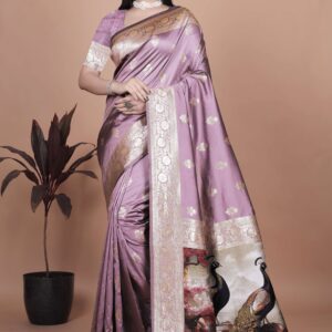 Lavender Banarasi Silk Saree with Golden Zari & Peacock Motif Pallu | Wedding, Festive & Traditional Wear