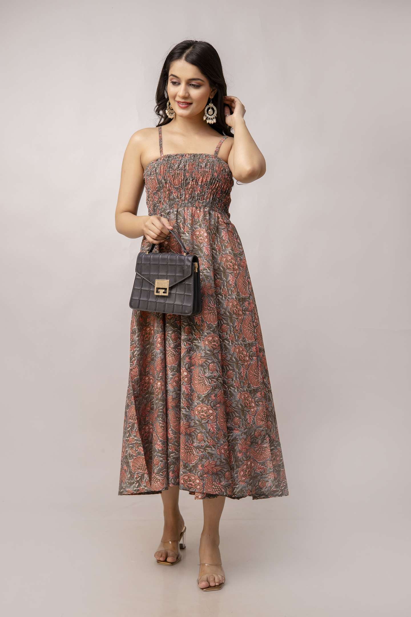 Women's Silk Printed Shoulder Straps Sleeveless Anarkali Gown Drees (Light Maroon-SUI) - Image 4