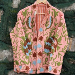 Womens Light Pink Velvet Embroidered Jacket with Floral Design
