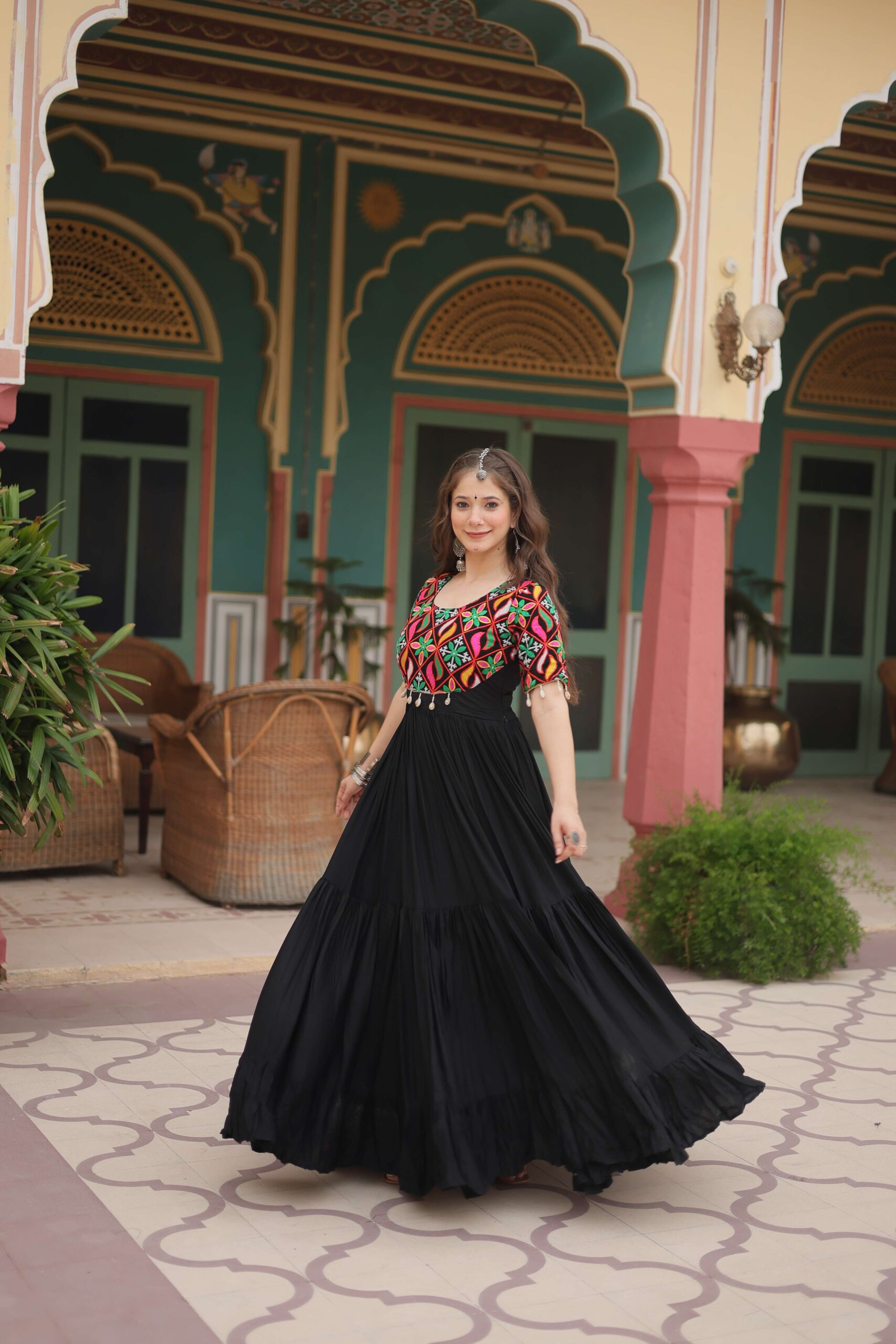Black Elegant Kutchi Gamthi Work Reyon Gown with Heavy Flair - Image 6