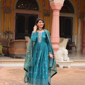 Rama Designer Chinon Sequins Embroidered Gown with Kalamkari Silk Dupatta