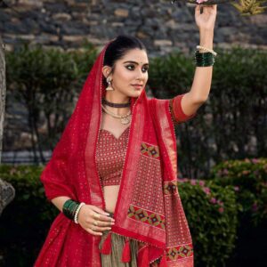 Green Tussar Silk Lehenga Choli with Red Blouse | Floral & Foil Print | Wedding & Festive Wear