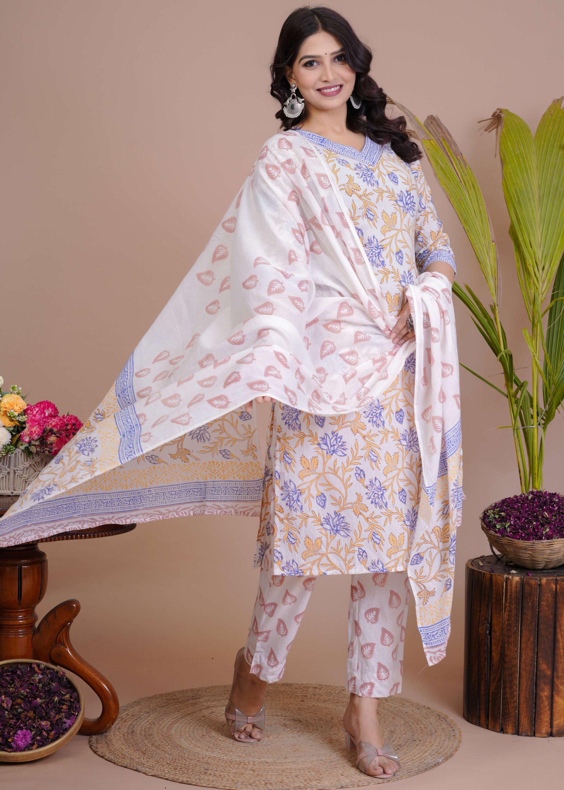 Women's White & Yellow Floral Cotton Straight Kurti with Pant & Dupatta Set - Image 2