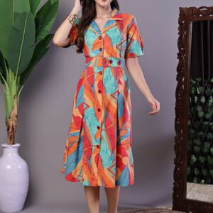 Women's Tropical Print Button-Down Cotton Midi Dress