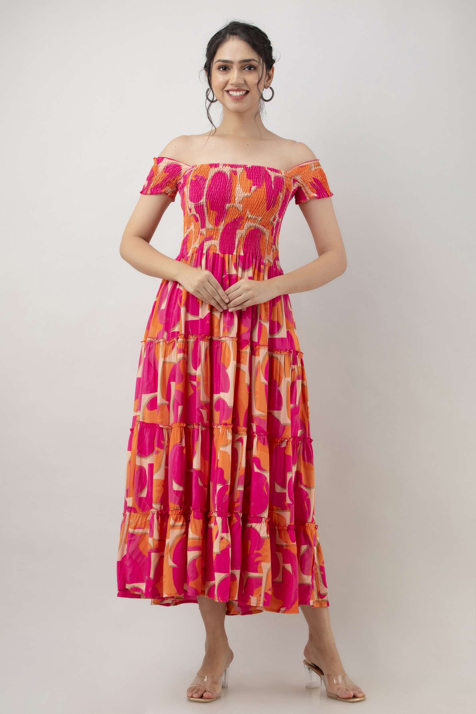 Women's Viscos Rayon Printed Off Shoulder Midi Dress For Summer And Casual Wear (Pink Strip) - Image 5