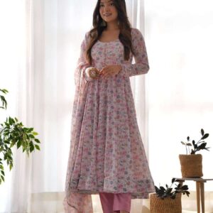 Womens Crunchy Silk Anarkali Kurti with Pant & Dupatta Set
