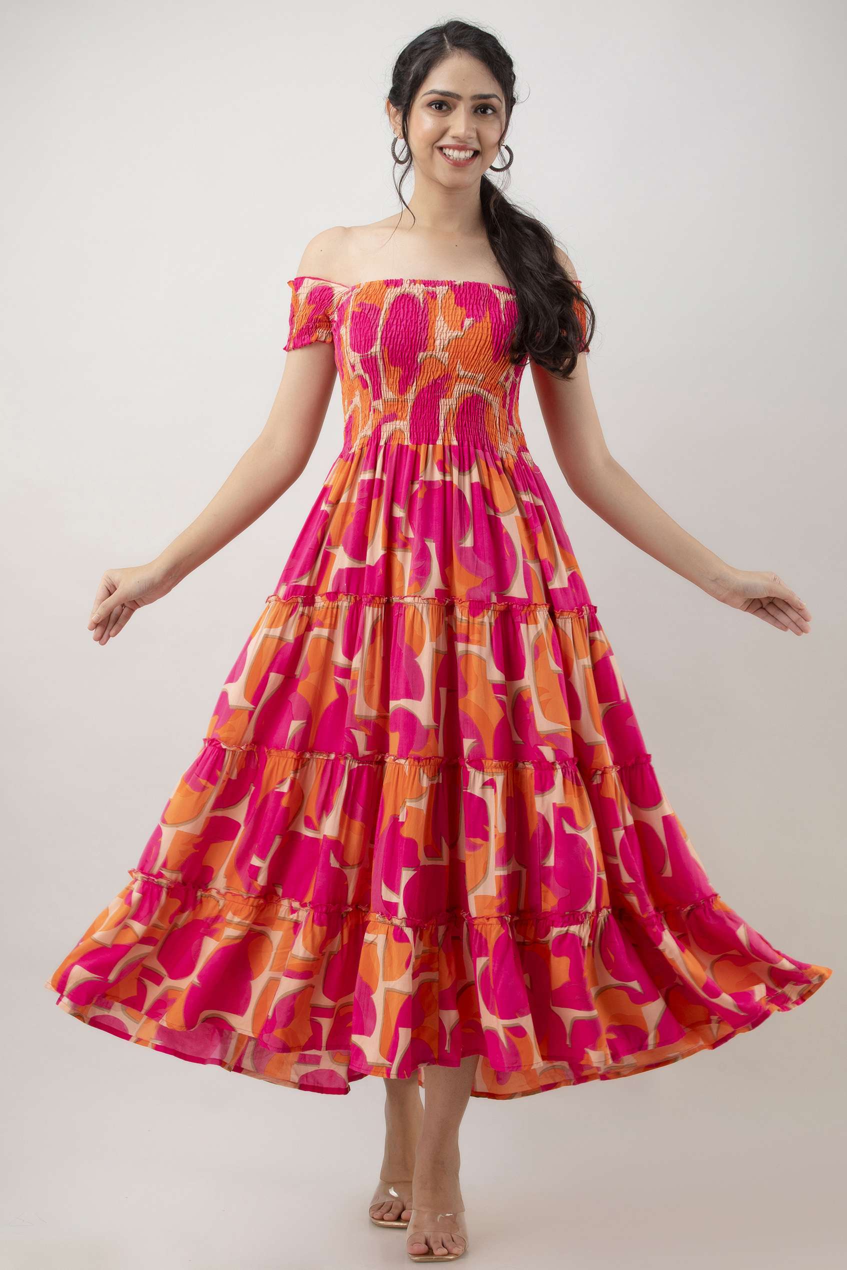 Women's Viscos Rayon Printed Off Shoulder Midi Dress For Summer And Casual Wear (Pink Strip)