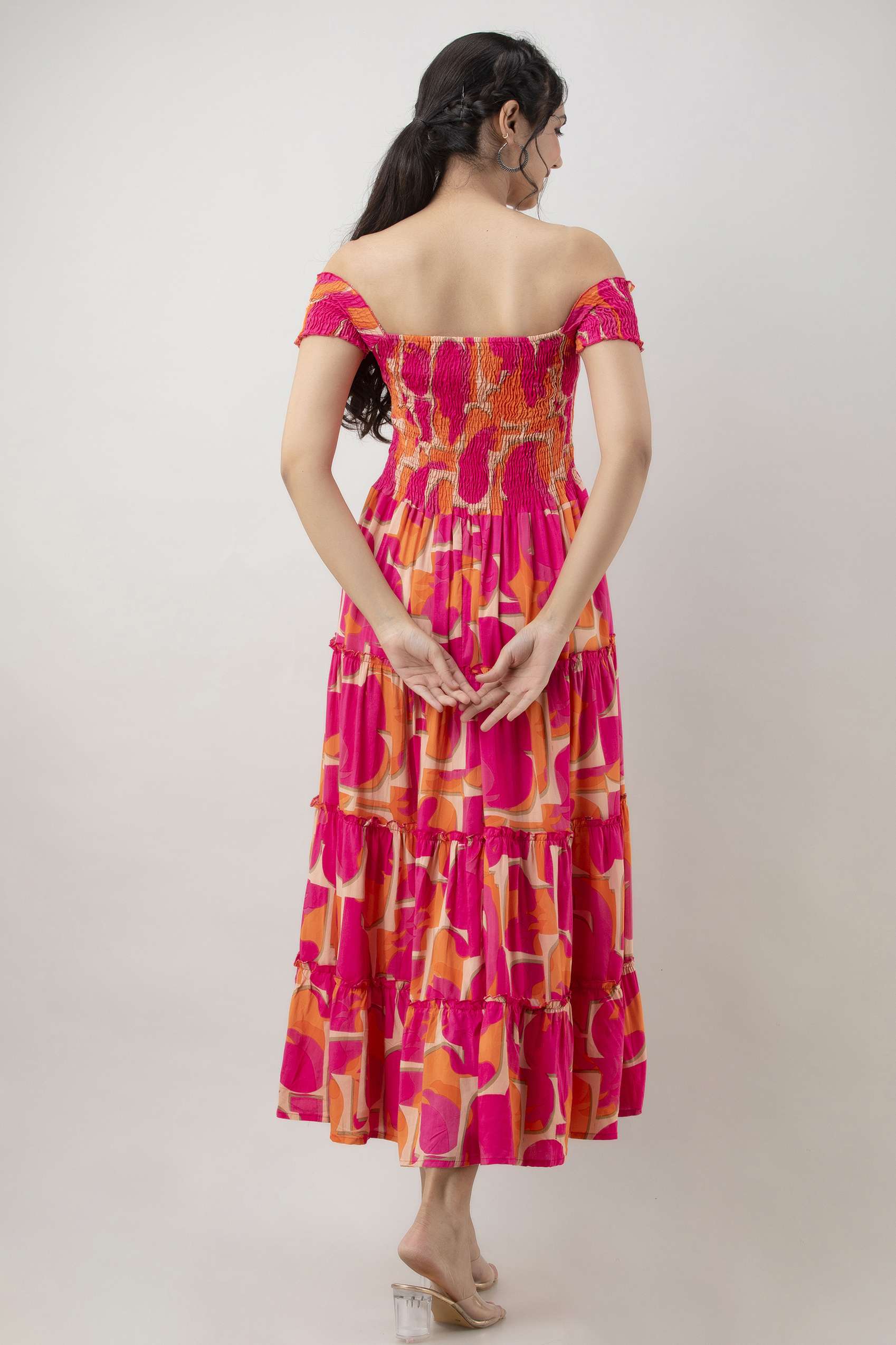 Women's Viscos Rayon Printed Off Shoulder Midi Dress For Summer And Casual Wear (Pink Strip) - Image 2