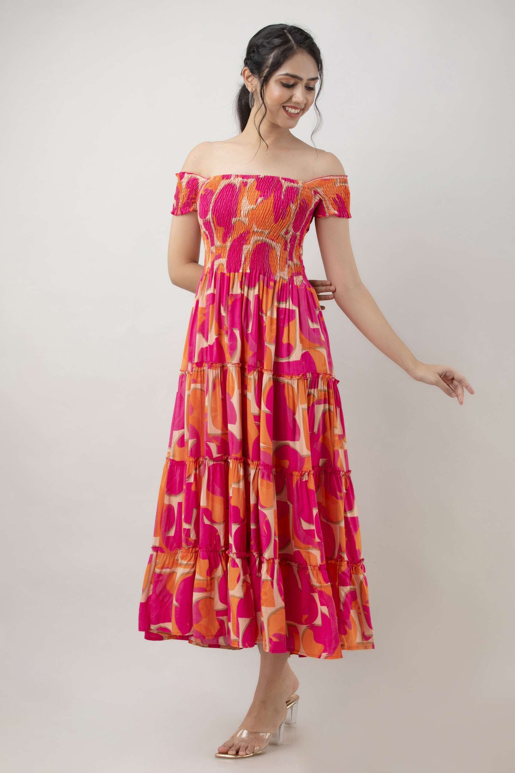 Women's Viscos Rayon Printed Off Shoulder Midi Dress For Summer And Casual Wear (Pink Strip) - Image 4