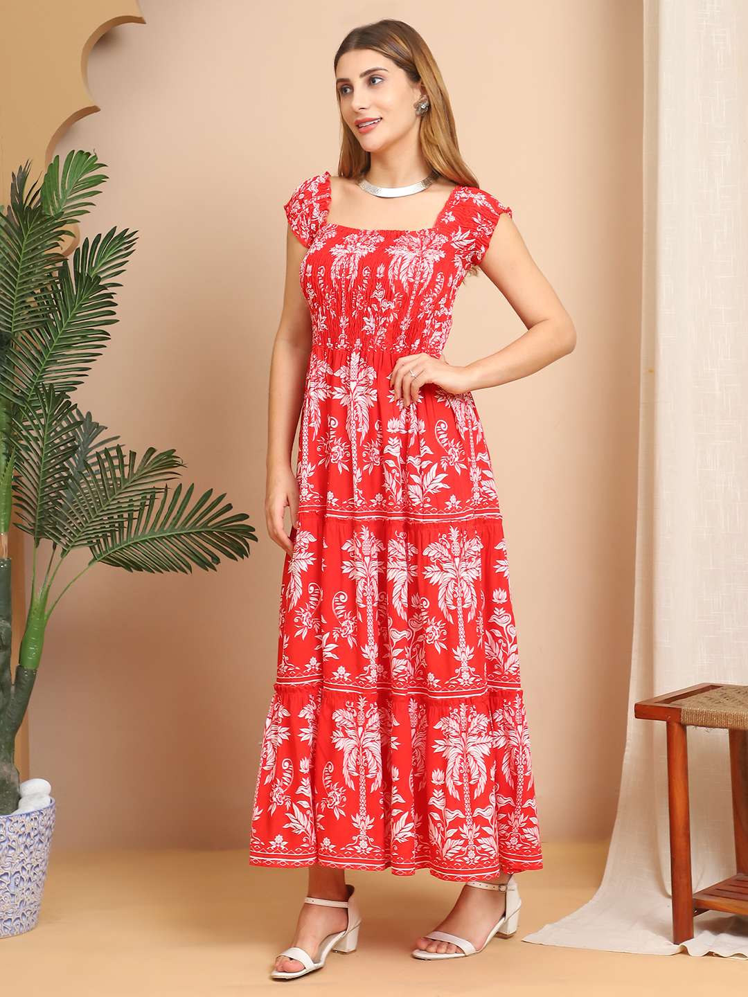 Women's Viscos Rayon Printed Off Shoulder Midi Dress For Summer And Casual Wear (Multti Color3)